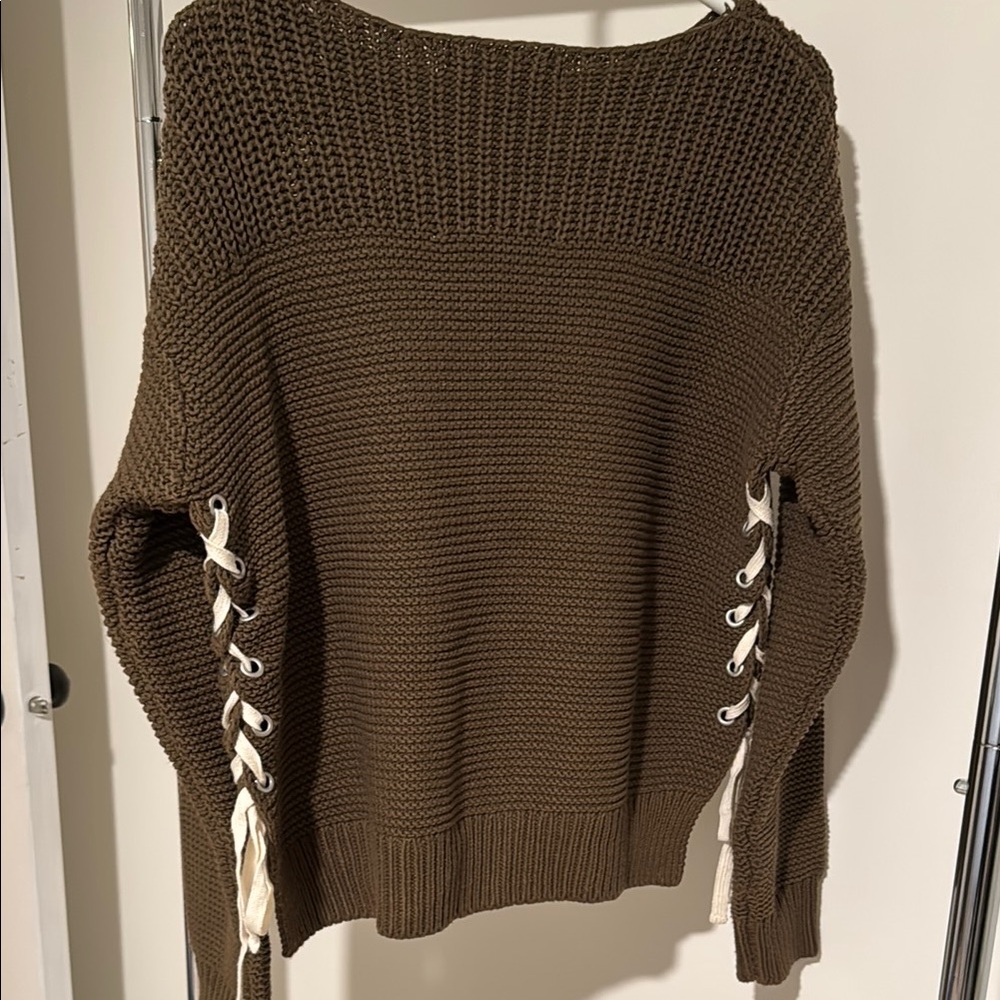 Army Green Knit Sweater with Lace-Up Sides